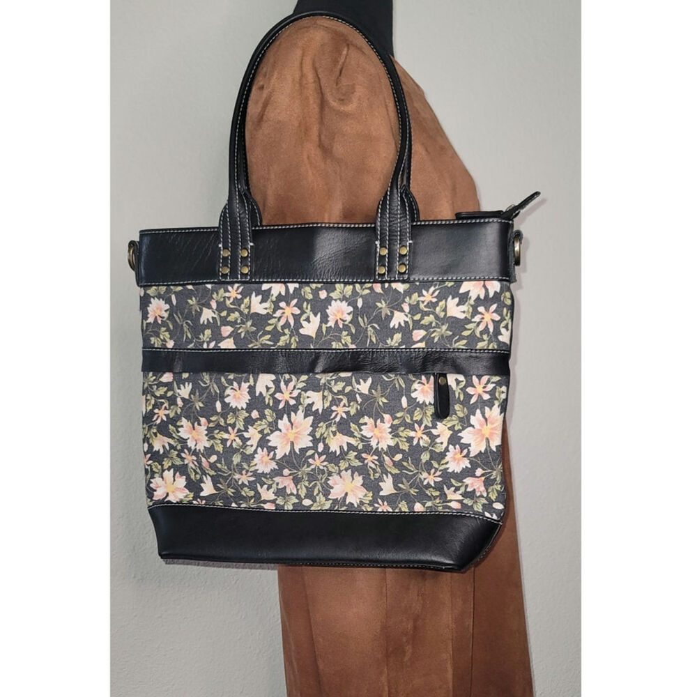 Myra Bag Dottie's Meadow Large Tote Bag Floral Canvas Black Vegan Leather Detals